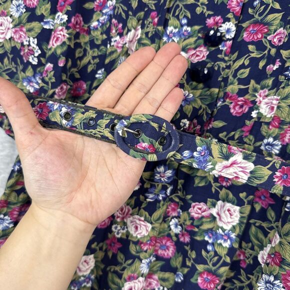 Vtg Floral Midi Dress M Petite Lace Collar Belt Modest Twee Grandma Cottage 80s - Picture 7 of 15